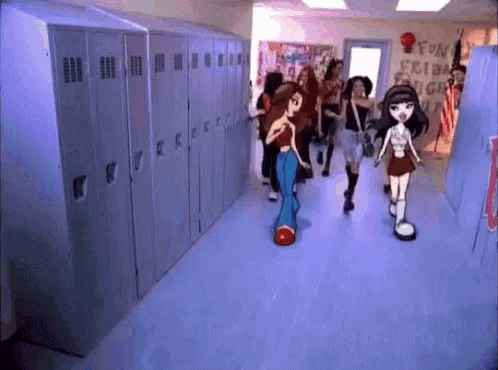 a group of bratz dolls are walking down a hallway with lockers .