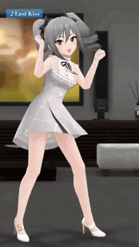 a girl in a white dress is dancing in a living room with a last kiss icon in the corner