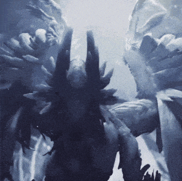 a painting of a monster with wings and horns in the dark