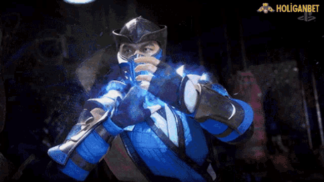a video game character with a playstation logo in the background