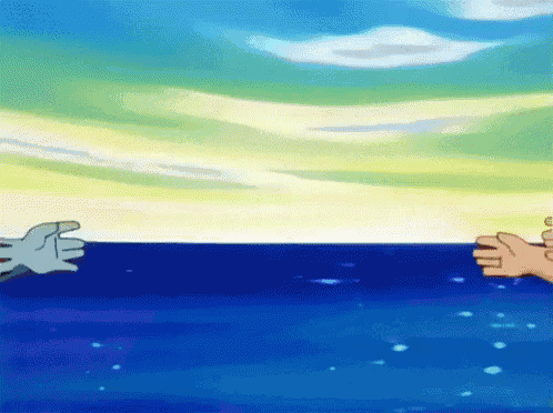 a couple of cartoon characters reaching out towards each other in the water