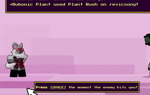 a screenshot of a video game that says bubonic plant used plant rush on revicsony press space the moment the enemy hits you