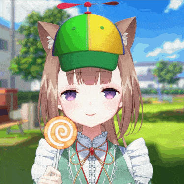 a girl with purple eyes wearing a green and yellow hat holds a lollipop