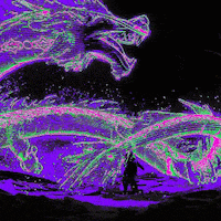 a purple and green painting of a dragon with a person standing in the foreground .