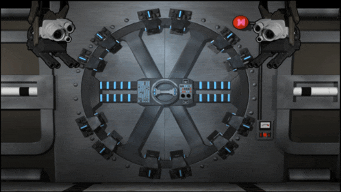 a cartoon drawing of a vault door with a red x in the middle