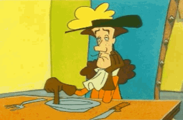 a cartoon character is sitting at a table with a knife and fork on it