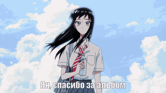 a girl in a school uniform is holding a coca cola bottle in her hand