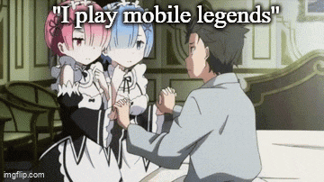 a man and two maids are sitting at a table holding hands with the words `` i play mobile legends '' above them .