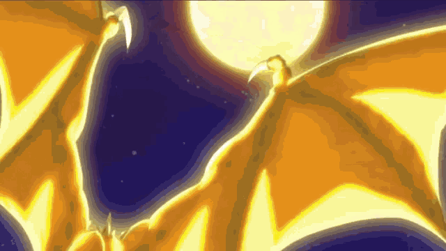 a cartoon drawing of a dragon 's wings with the moon in the background