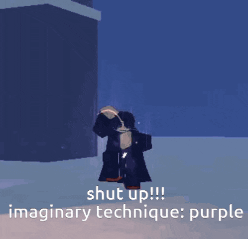 a video game character is standing in front of a building and says shut up !!! imaginary technique : purple