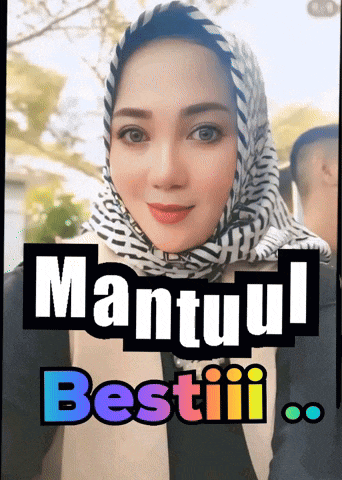 a woman wearing a head scarf with the words " mantul bestii " on the bottom