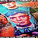 a painting of a man holding a gun with the words `` you on the cor forever '' written on it .