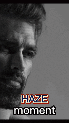 a black and white photo of a man with the words haze moment on the bottom