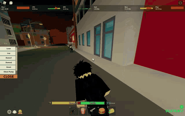 a screenshot of a video game with a person walking down a street