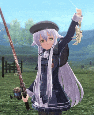 a girl with gray hair is holding a fishing pole