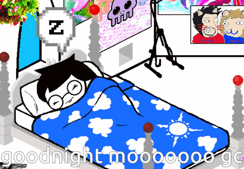 a cartoon of a person sleeping in a bed with the words goodnight written on the bed