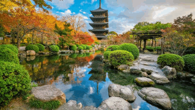 a pagoda is reflected in the water of a pond in a park .