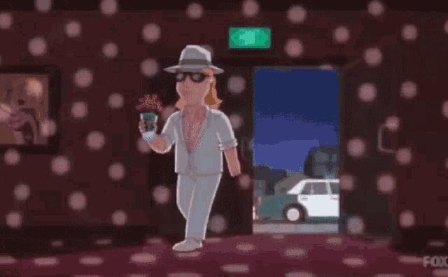 a man in a hat and sunglasses is standing in front of a door that says exit