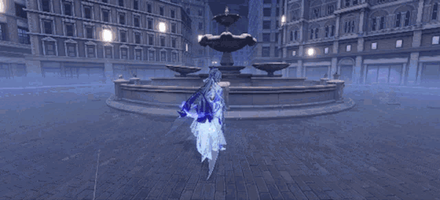 a video game scene with a fountain in the background