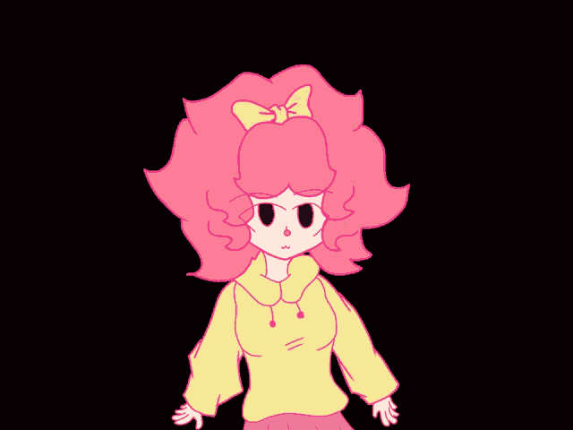 a drawing of a girl with pink hair and a bow