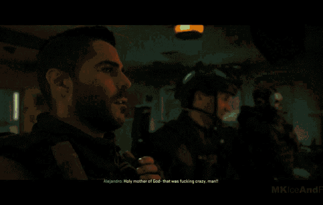 a screenshot of a video game shows a man talking to another man who is asking if he is safe