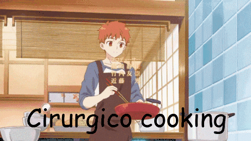 a man in an apron is cooking in a kitchen with the words cirurgico cooking behind him