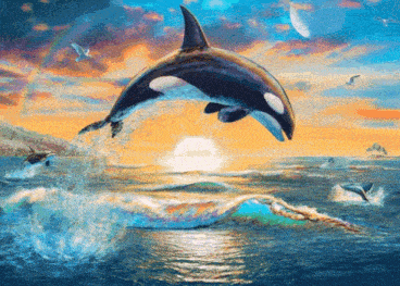 a painting of killer whales jumping out of the ocean