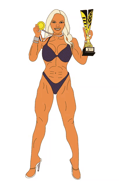 a woman in a bikini is holding a trophy that says 1st on it