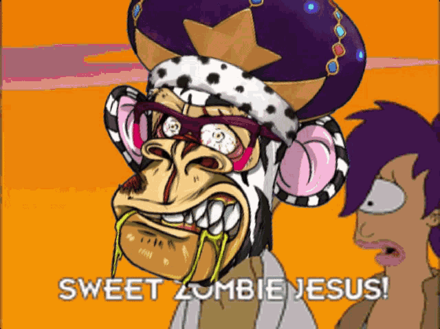 a cartoon character says sweet zombie jesus in front of a cartoon character