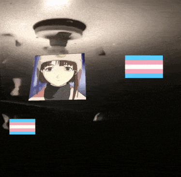 a picture of a girl with a helmet on is surrounded by transgender flags