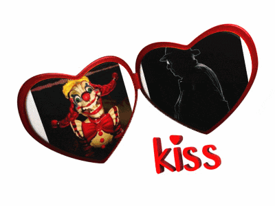 two red hearts with a picture of a clown and a man and the word kiss below them