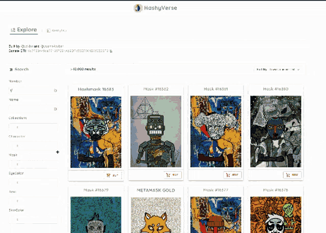 a screenshot of a website called hashverse with a bunch of drawings on it