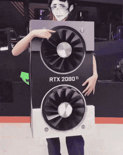 a person holding a cardboard box that says rtx 2080 ti on it