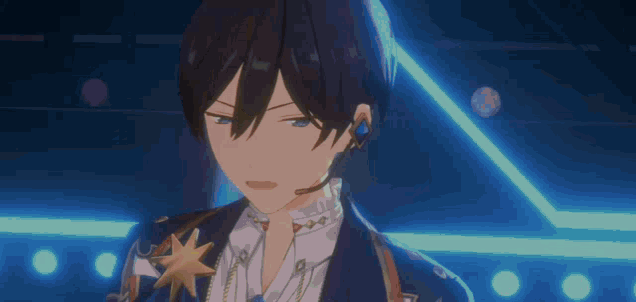 a close up of a anime character with blue eyes