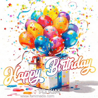 a birthday card with balloons and confetti and the words happy birthday to kim