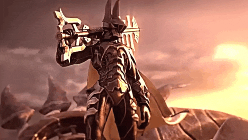 a man in armor is holding a large axe in his right hand
