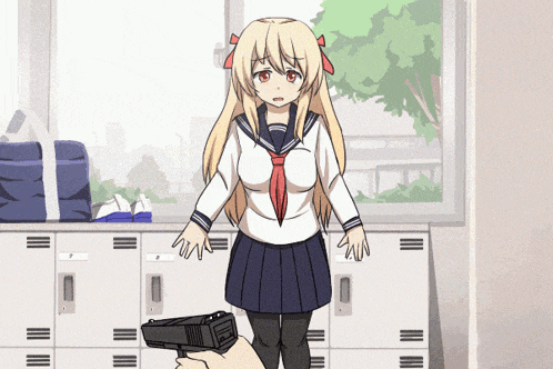 a girl in a school uniform is standing in front of lockers while someone holds a gun in front of her