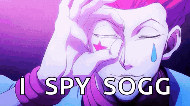 a cartoon character with a tear in his eye and the words " i spy sogg " below him