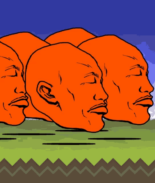 a cartoon drawing of three orange heads with one having a tear coming out of it 's eye