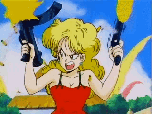 a woman in a red dress is holding two guns in her hands