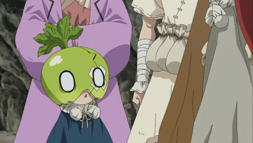 a cartoon character with a green head has a sticker on it that says ' o '