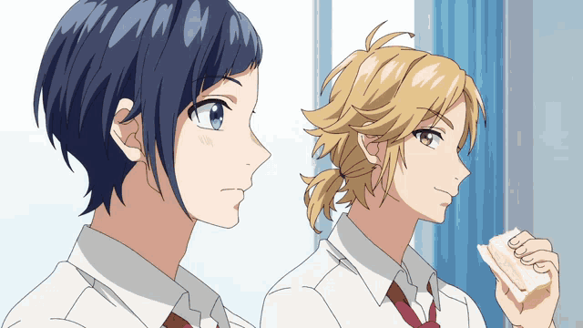 two anime characters are standing next to each other and one is holding a piece of bread