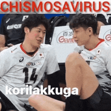 two volleyball players are sitting next to each other with the caption chismosavirus korilakkuga