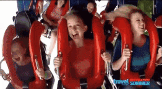 a group of people are riding a roller coaster with travel summer written on the bottom