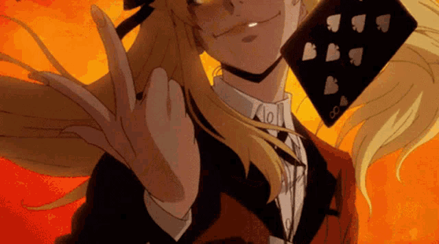 a woman in a suit is holding a playing card that says ace of spades on it