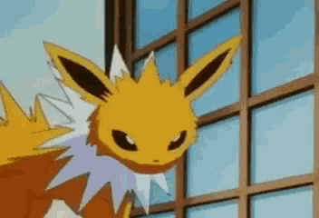 a yellow eevee is looking out a window .