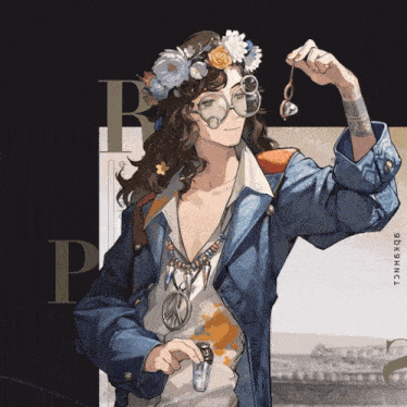 a drawing of a man with a flower crown on his head holding a key