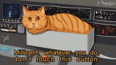 a pixel art of a cat in a box with the words millicent whatever you do don 't touch this button