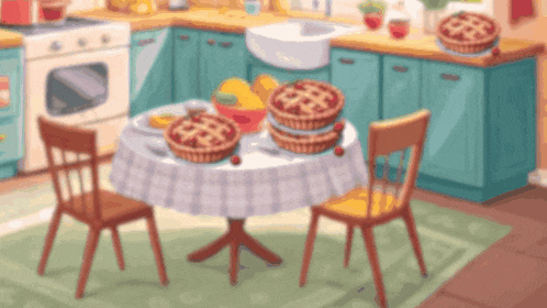 a cartoon illustration of a kitchen with pie on a table