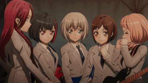 a group of anime girls are standing next to each other with one girl holding a guitar